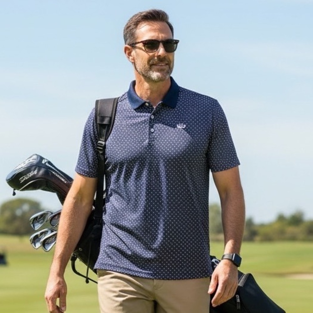 Good Good Golf Mens XL Performance Polo Shirt Navy Geometric Mosaic Print